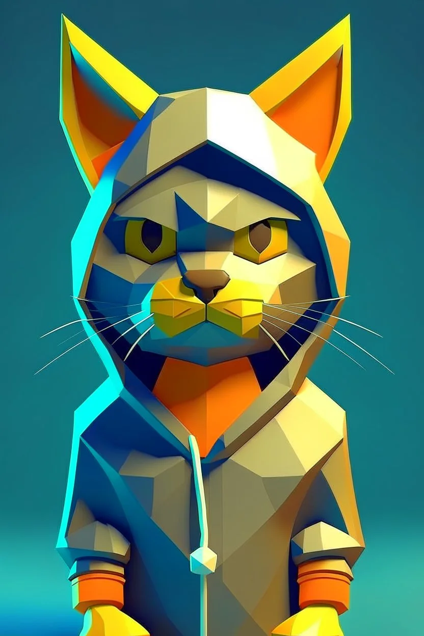 low poly playstation 1 chracter of a happy cat in a hoodie witha retro gam on the hoodie