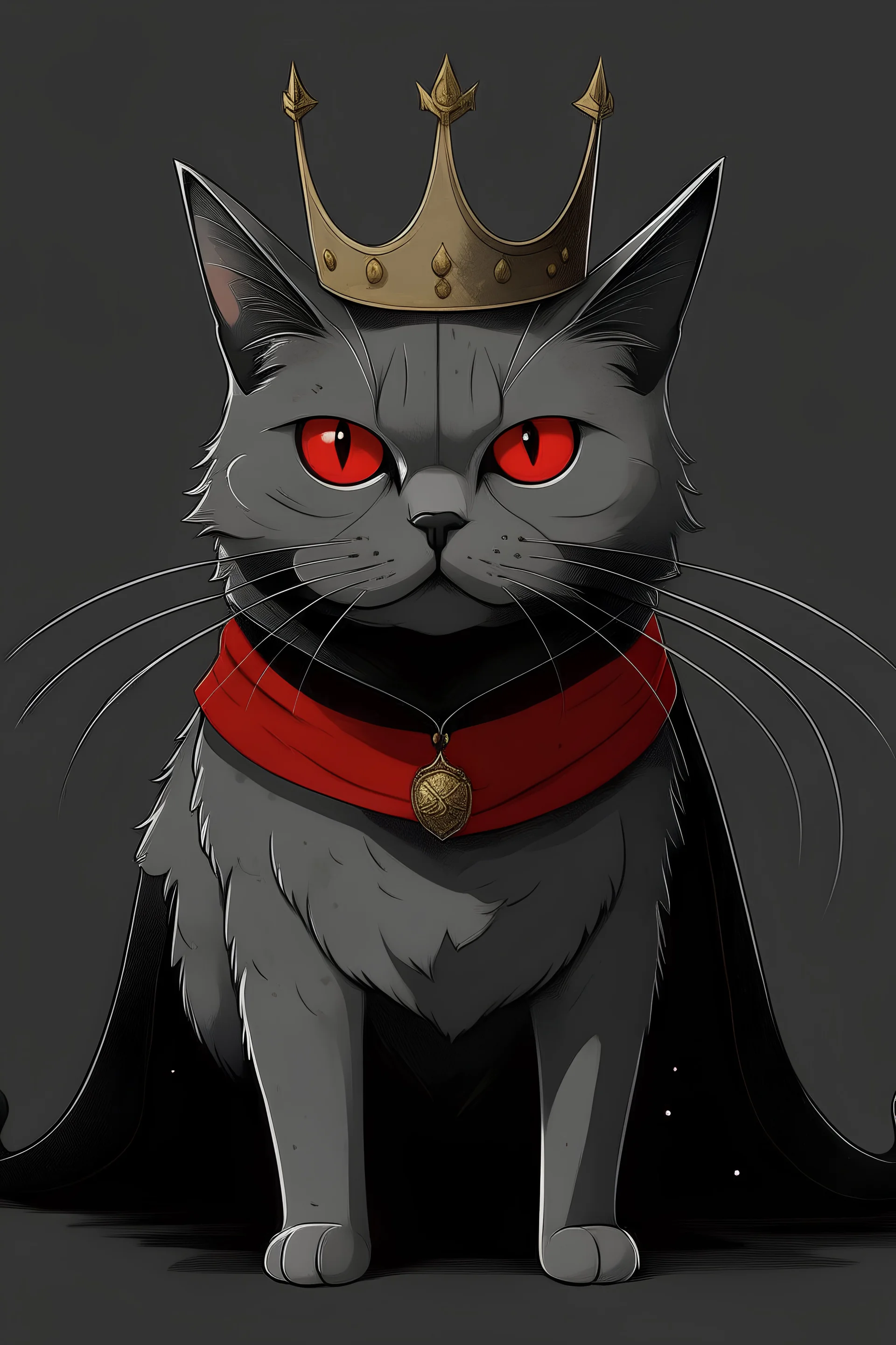 A three eyed grey cat wearing a black crown with a red eye on it and also the cat is wearing a beige cloak covered in blood and the cat has black thorns as it’s arms and hands