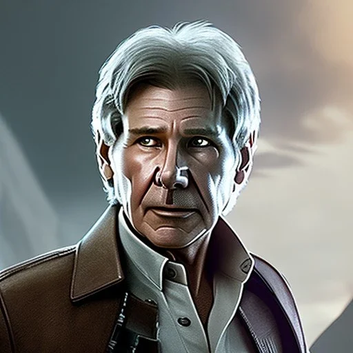 portrait of harrison ford as captain han solo, brown eyes, with realistic and extrem light facial skin, cinematic lighting, photorealistic, volumetric light and shadow, hyper HD, octane render, unreal engine, insanely detailed and intricate, hyper-realistic, space background, watercolour on white paper