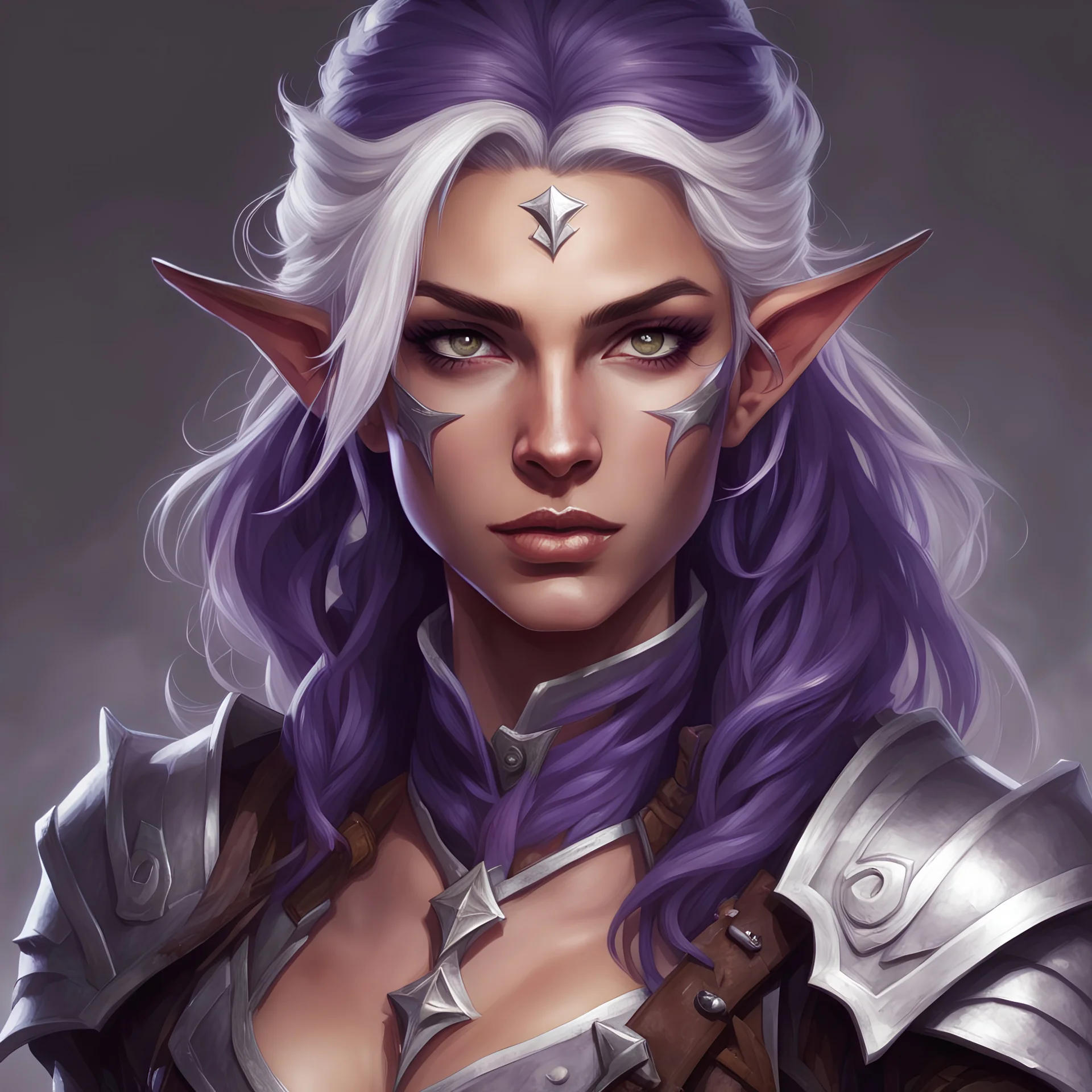 Generate a dungeons and dragons character portrait of the face of a female Half-Elf. She is a hexblade warlock. Her hair is White and Silver and voluminous. Her skin is tanned. Her eyes are deep purple. She wears leather armor in the aesthetic of a pirate.