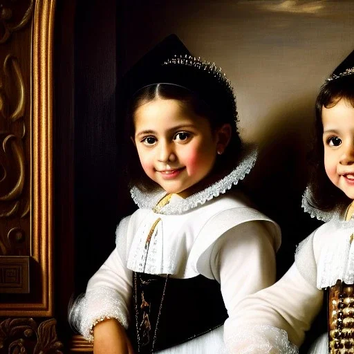 portrait of sisters Eira Santiago Arnau(ten year old, dark blonde) and Dalia Santiago Arnau (six year old, brunette) by Velazquez,smiling, oil on canvas, cinematic composition, extreme detail,8k,fit full head inside picture,