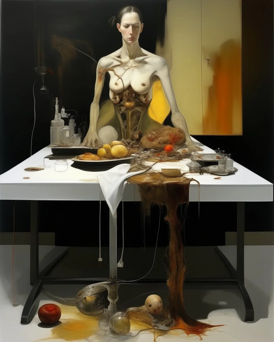 human body, universe-like table,complex surgical instruments mixed with human body-like musical instruments,minimalism,Painting By Adrian Ghenie, Rene Magritte, Lucian Freud