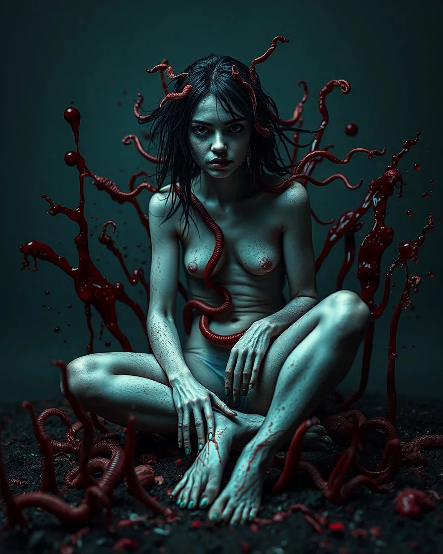 Petit weird woman with many worms from his body, sit pose, fullbody, splashes blood, behind guts rising from the ground, darkred tones, macro photography,