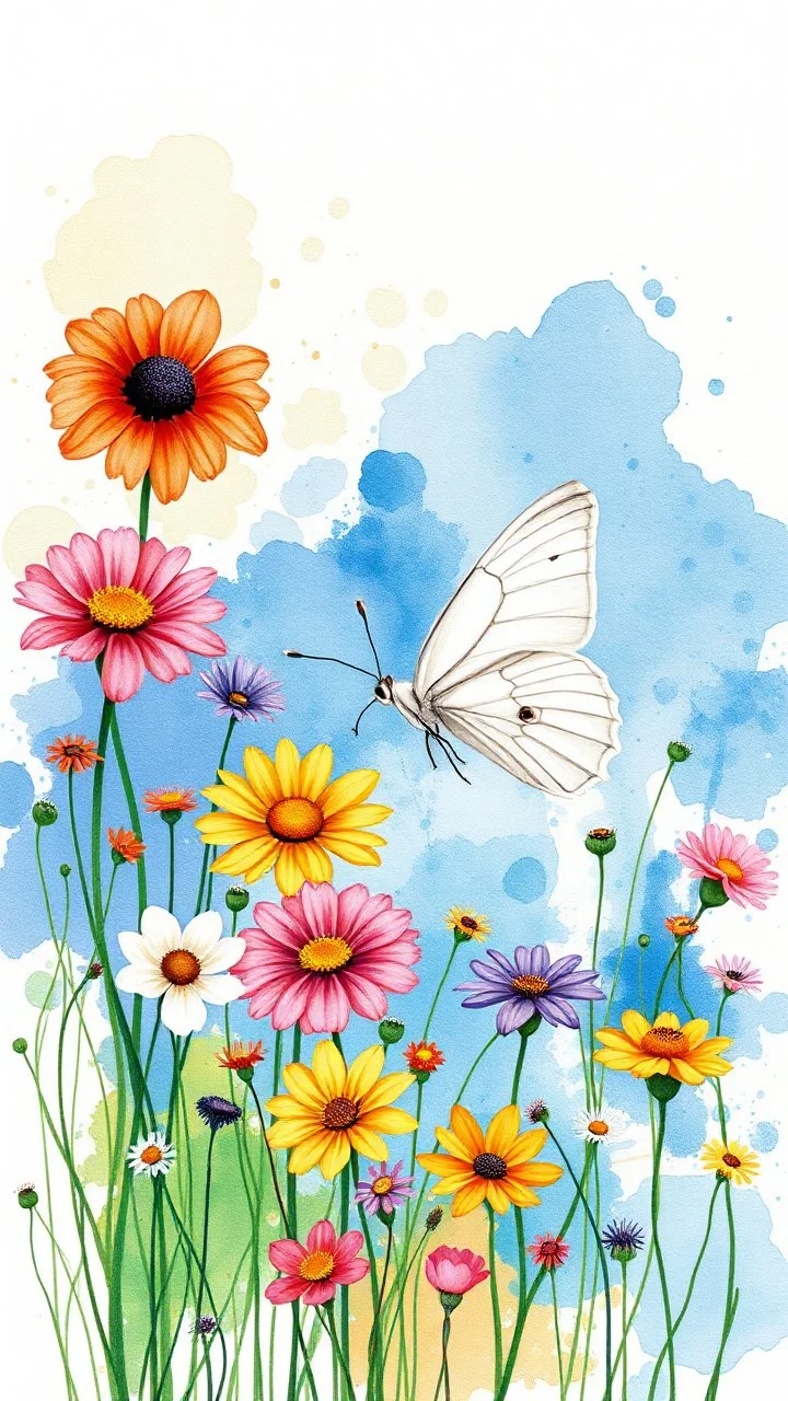 a smear . Field of wild a colorful flowers watercolor drawing on a blue splash colors background with a beautiful white butterfly