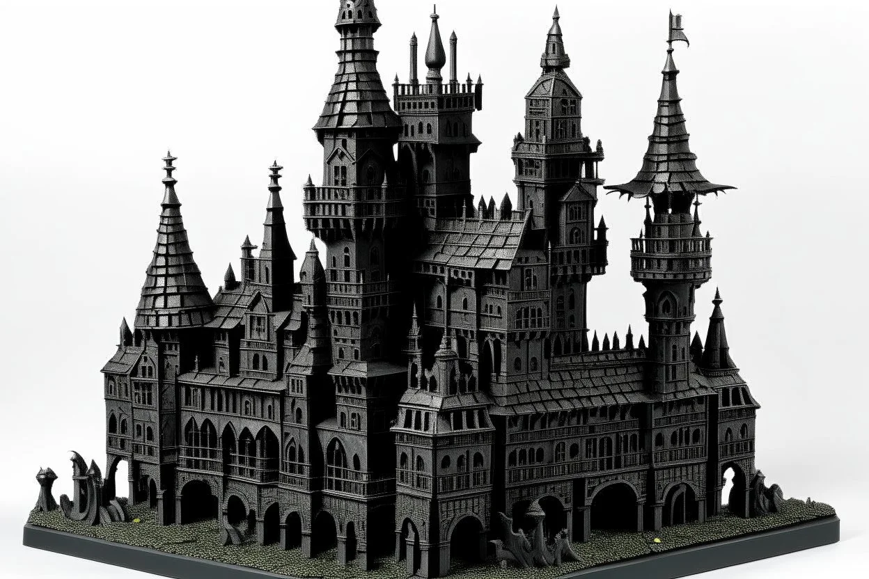 A black clockwork castle with a stronghold designed in German folk art