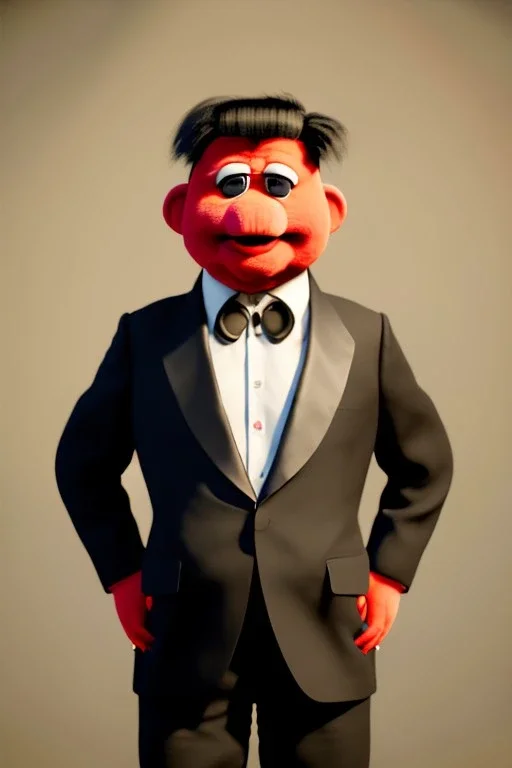 Waist up muppet Portrait, Kim Jong-un muppet doll, black suit, photo studio, red background, unreal engine 5, concept art, art station, ray tracing, lumen lighting, ultra detail, volumetric lighting, 3d.