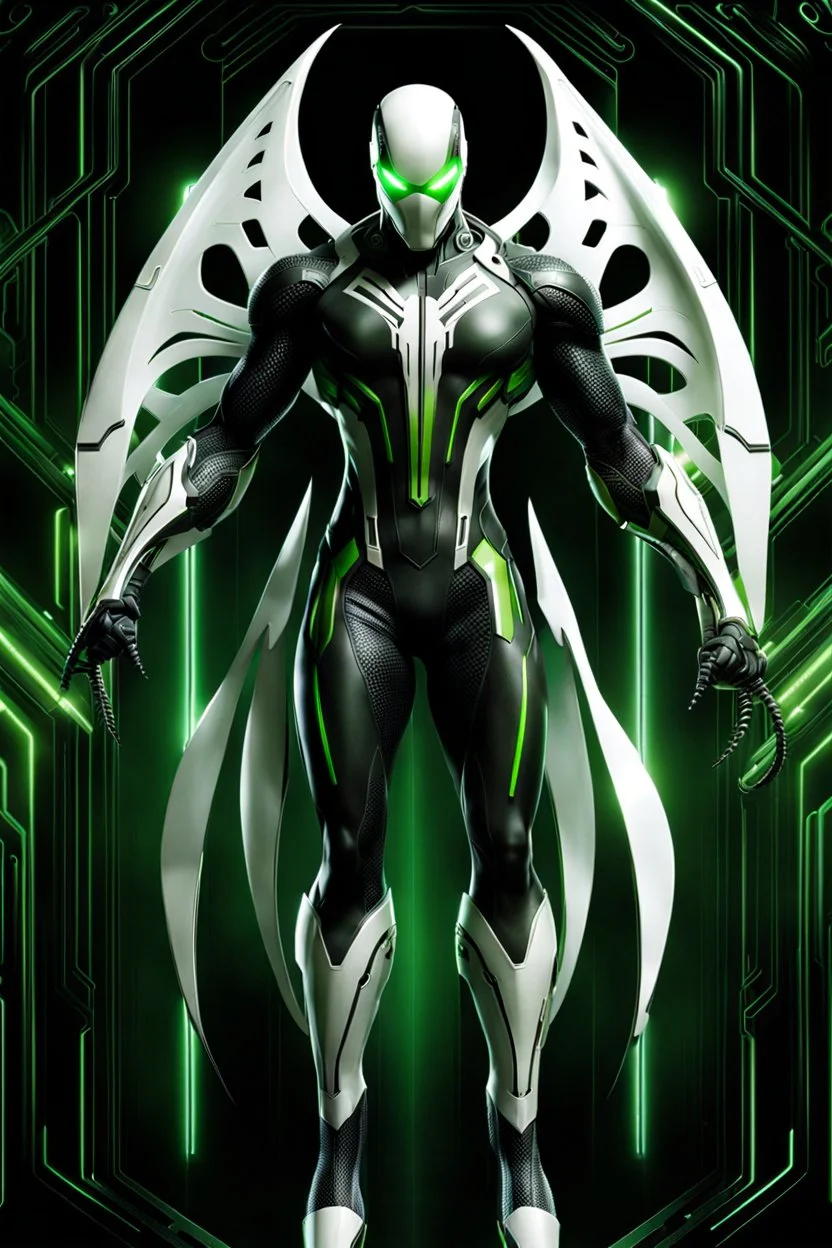 Cyborg symbiote, white color, green color, tendrils, high tech, cyberpunk, biopunk, membrane wings, carbon fiber, cyber tentacles, and the other two.