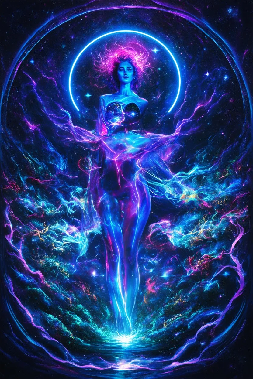 in the midst of universal movement it has been rendered stationary; surreal neon celestial art