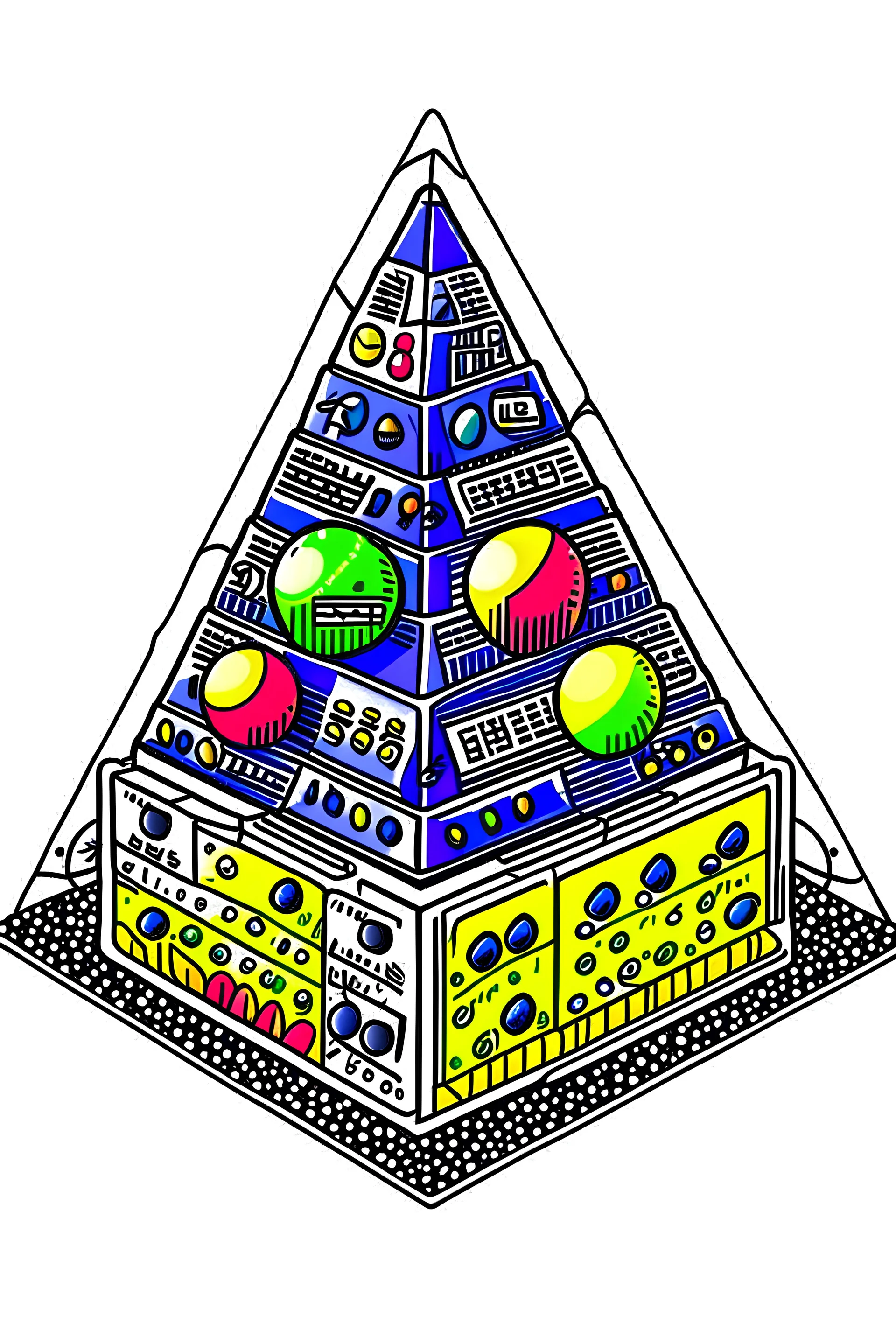 Draw a big sound system pyramid and some blueberries, all in color and finally with the image make a sticker where it appears patx a dub