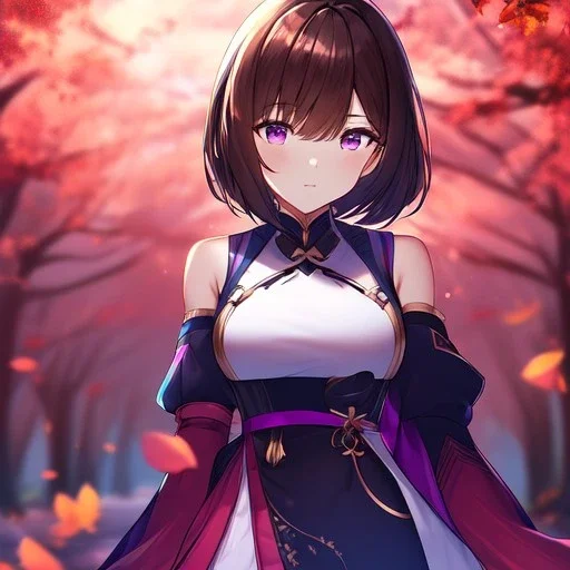 Clear focus,High resolution, one girls, Short brown hair, Purple eyes, Wearing a techy outfit standing with blurry sakura leafs falling down, Wearing a split skirt, Cut Sleeves, Gacha Animation