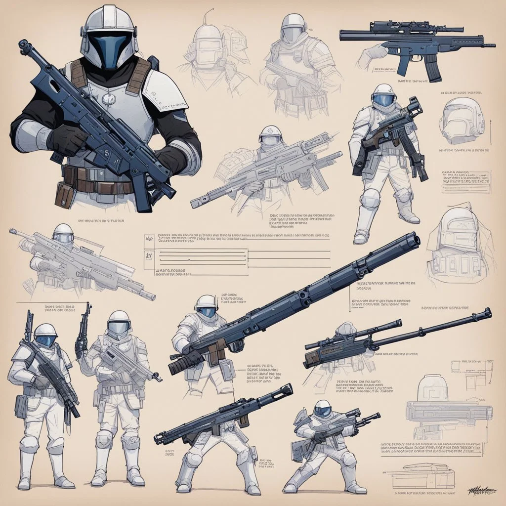ConceptSheet blueprint [illustration by Angus McBride] Bounty Unit Loadout Concept: helmet, armour, and weapons with their blueprint: assault rifle, sniper long rifle, pistol, and all the package of a hunter