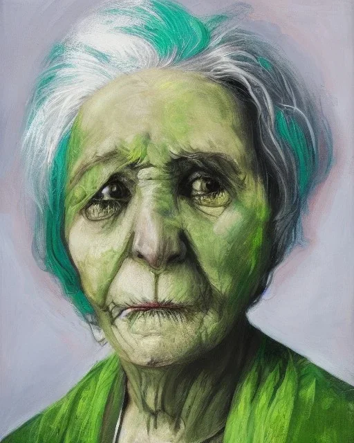 Abstract portrait of an old woman with green eyes and white hair