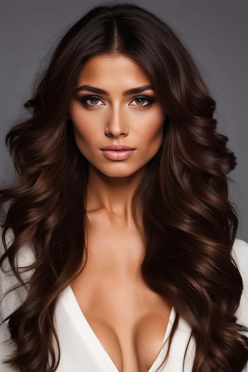 Beautiful 28 year old woman with olive skin and long brown wavy hair