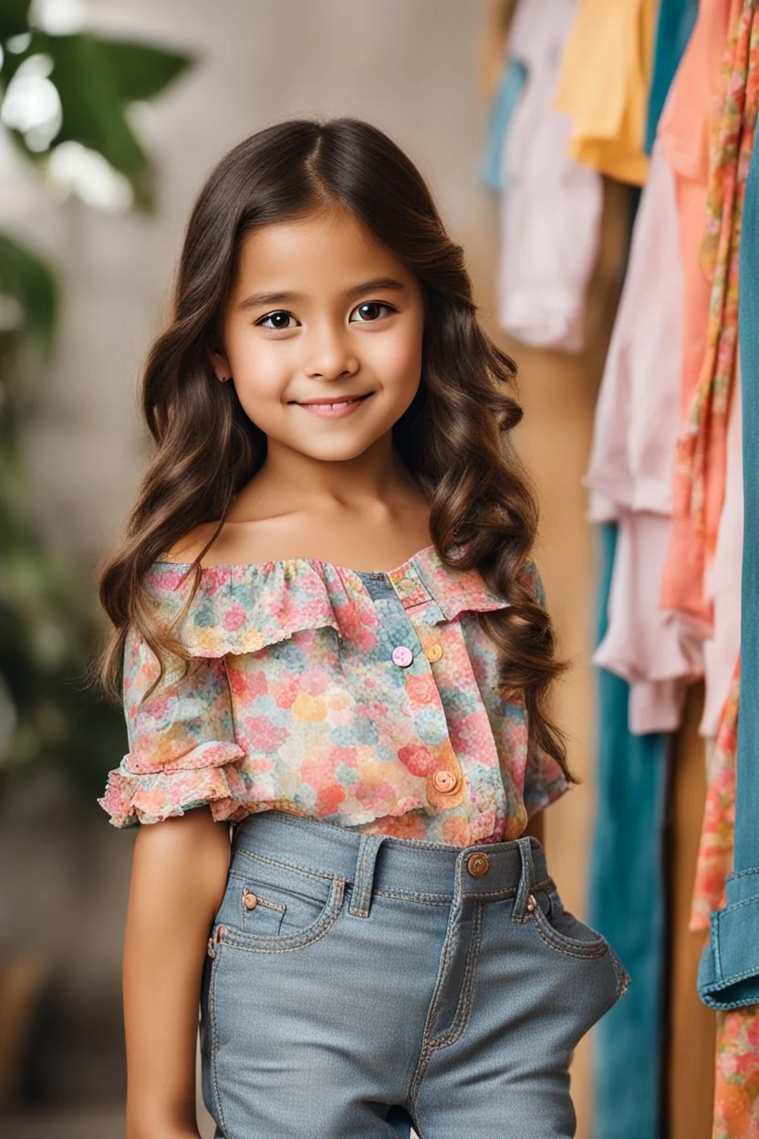 Little 8 years old 1girl wearing a pretty shirt and jean pant, standing pose