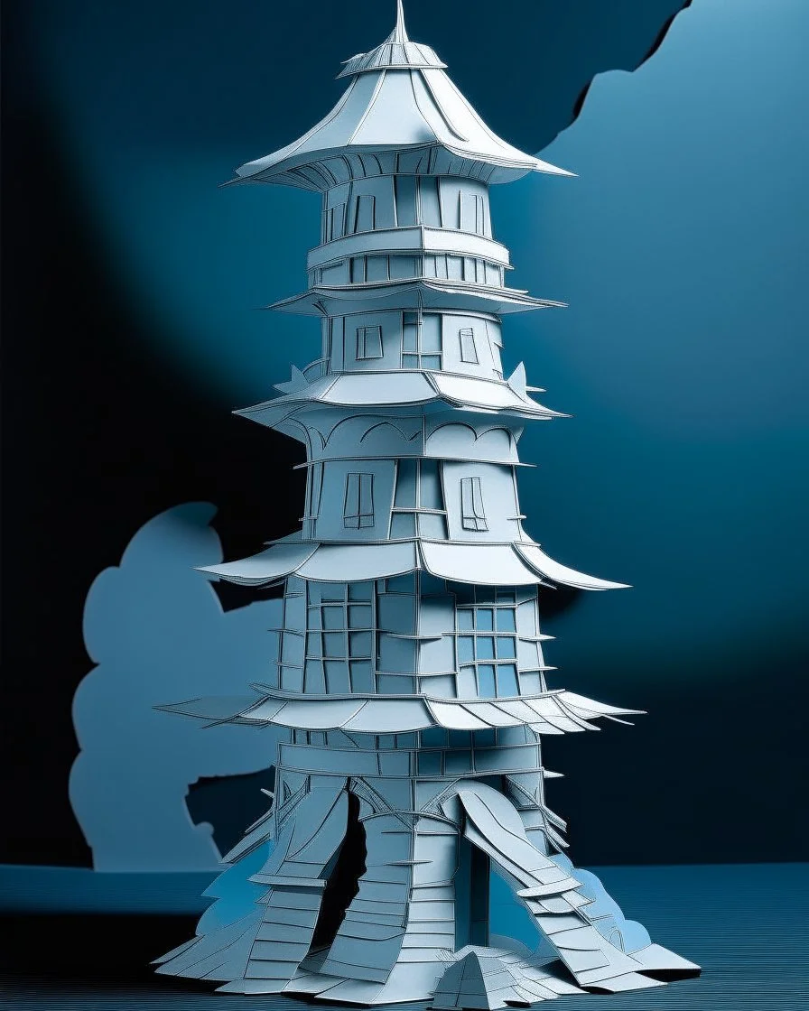A pale bluish white tower in a tempest designed in Japanese origami painted by Lucas van Leyden