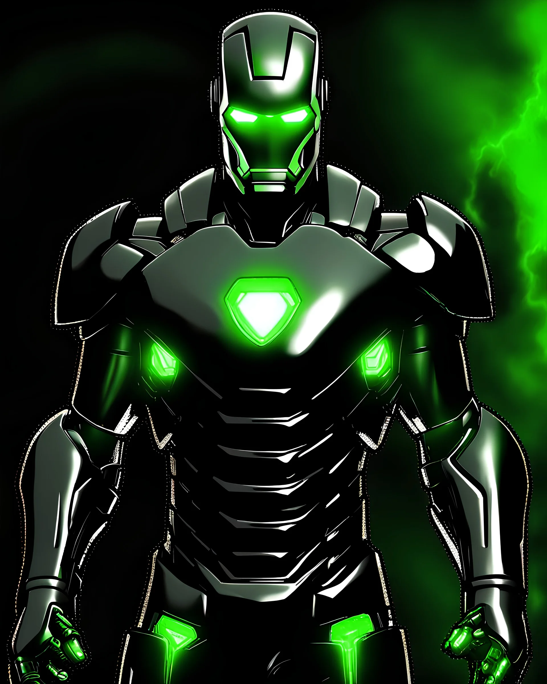 Super IRONMAN armor, kryptonite powered, black armor, black chrome, green lights, built by wayne enterprises, designed by stark https://stablecog.com/generate?o=ea7ba378-448b-4658-8ad5-81f270778c7cindustrieshttps://stablecog.com/generate?o=37b70ee1-cbf6-4de2-8ffe-0e02f33ce34f photorealistic, military display, weapons test,