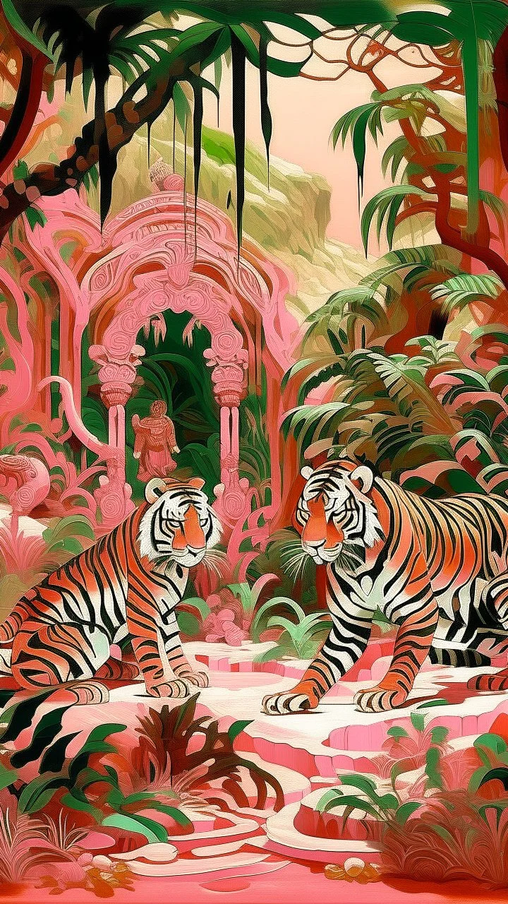 A pink mechanical jungle with devilish tigers designed in native American petroglyphs painted by John Singer Sargent