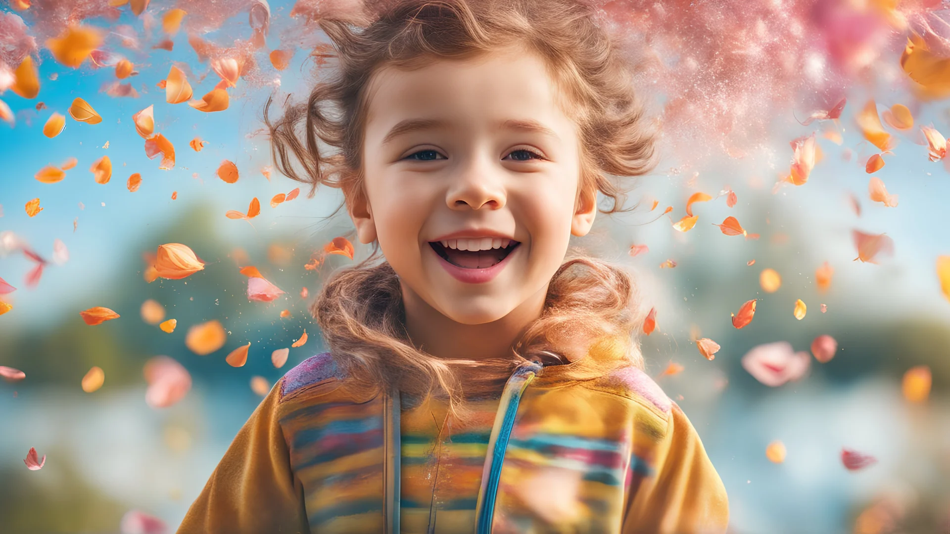 Magical Fantastic young happy child facing camera, Liquid Structure, Flying Petals, Splash, Portrait Photography, Fantasy Background, Intricate Patterns, Ultra Detailed, Luminous, Radiance, Joy, Exuberance, Fun, Ultra Realism, Complex Details, Intricate Details, 16k, HDR, High Quality, Trending On Artstation, Sharp Focus, Studio Photo, Intricate Details, Highly Detailed