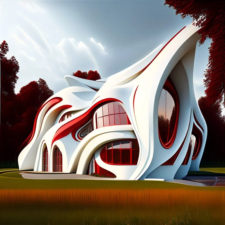 Casa campestre estilo Zaha Hadid obra de arte detallada color blanco crema y rojo imperial arte digital impactante hiperrealista 8k