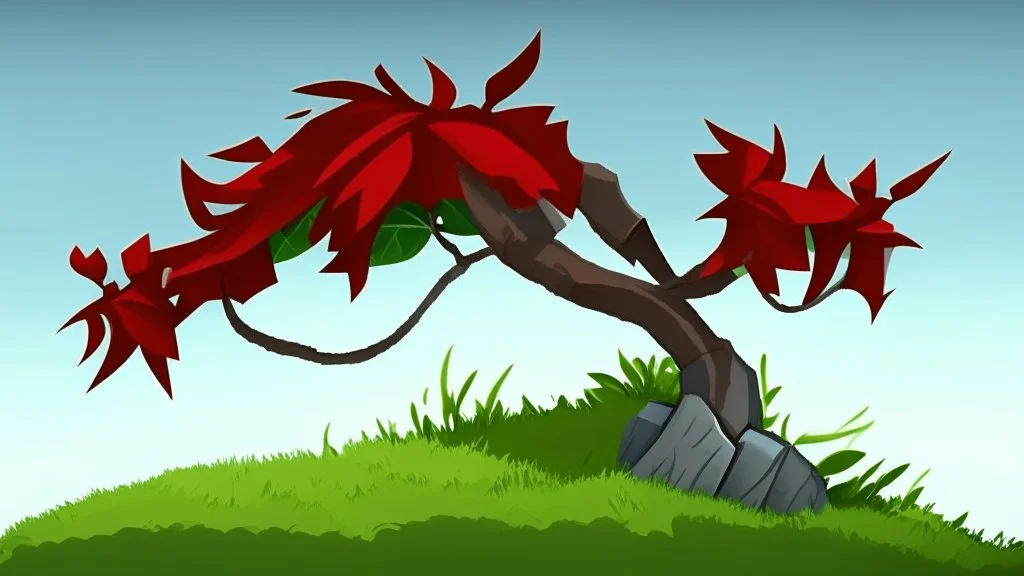 fantasy cartoon illustration: a shrub on a hill, there is a red ribbon on the shrub