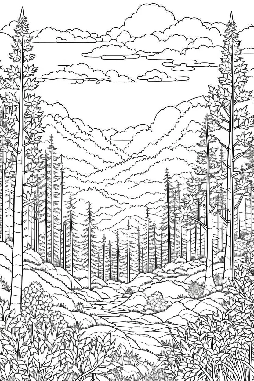 outline art for landscapes coloring pages for adults with forest, white background, Sketch styl, only use outline. Mandala style, clean line art, no shadows and clear and well outlined, Intricate Patterns and Details