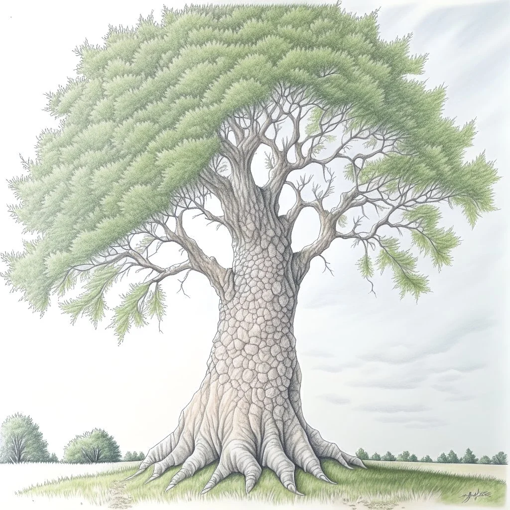 tree, colored pencil drawing, realistic, serene, landscape, detailed