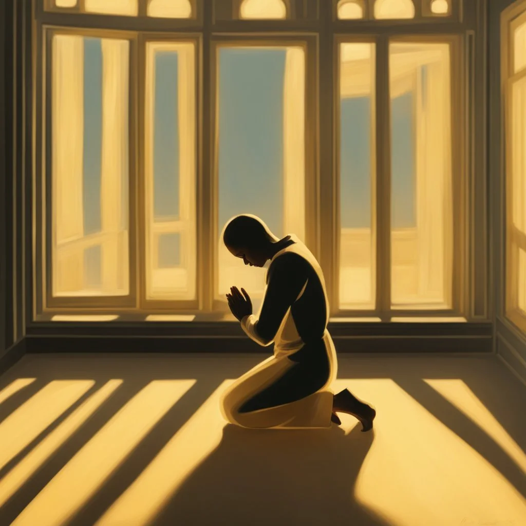 A single figure kneels in prayer, bathed in a warm, golden light spilling through a window. The figure's features are obscured, focusing on the posture of surrender and a subtle glow around the heart area.