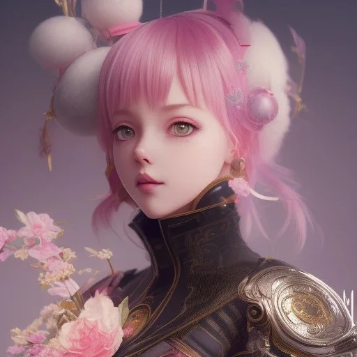 Detailed cute anime rabbit girl, pink hair buns, pink bangs, black latex bodysuit, intricate details, full body portrait, keep head in frame, slight smile, black Japanese motif, concept art, highly detailed, digital painting, concept art, sharp focus, illustration, art by Yoji Shinkawa, WLOP and greg rutkowski and alphonse mucha and artgerm and yanjun Chen and Junji ito and Makoto Shinkai, HDR, octane render