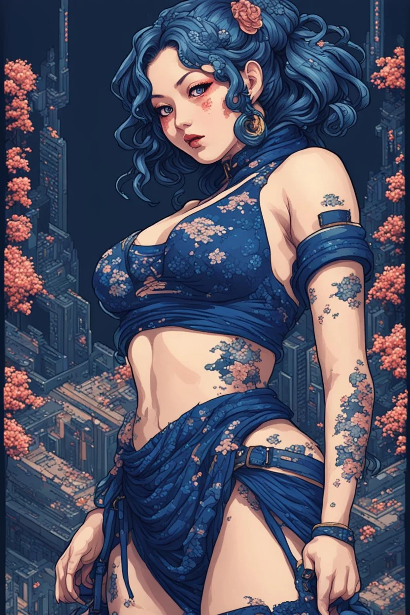 8bits, Pixel Art, beautiful cyberpunk huge girl, hyperdetailed, illustration by Katsushika Hokusai, darkblue tones,