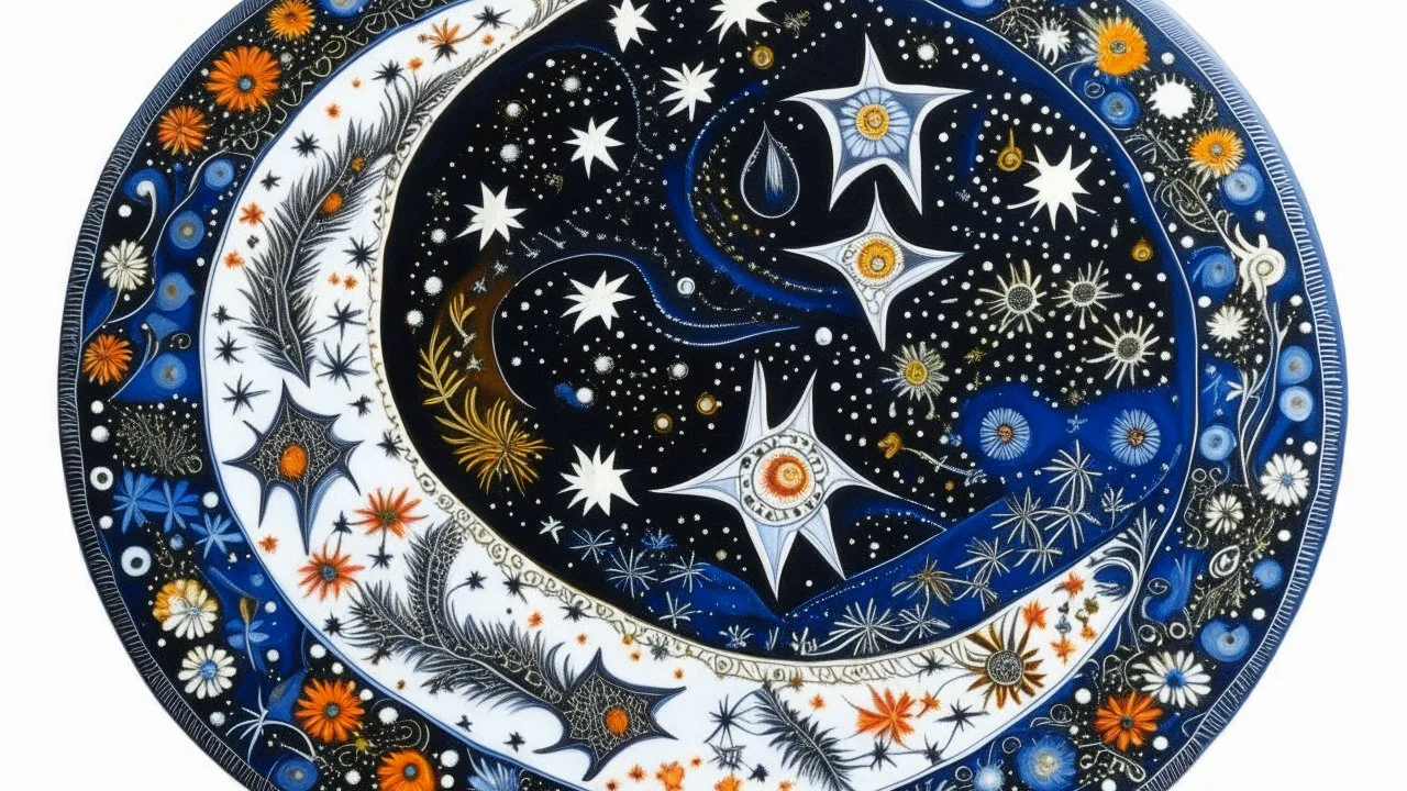 A white moon with stars designed in Australian aboriginal art painted by the Limbourg brothers