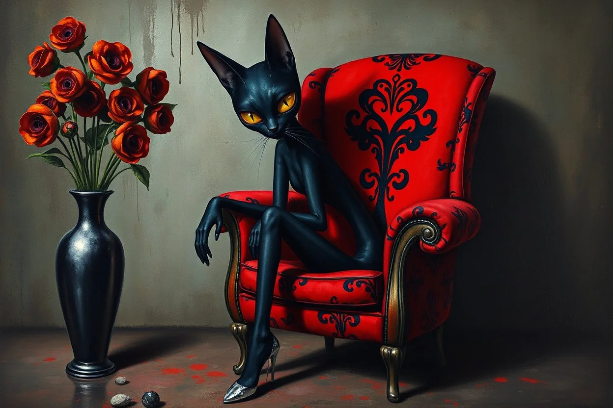 The dark psichotic painting depicts a surrealist scene with a central figure of an elongated, black cat-like creature with human features. This figure has big head bright yellow eyes, long whiskers, sleek body with two long legs ending in shiny silver heels, sitting in a red color armchair wit black goth patterns. On the left, a black-silver vase holds circular, eye-like flowers in orange and dark red. random backgrond, crepy, surreal vibe