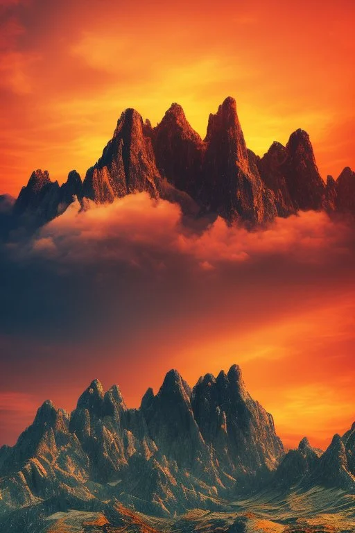 big rock mountains with and orange dawn sky with no clouds close montains