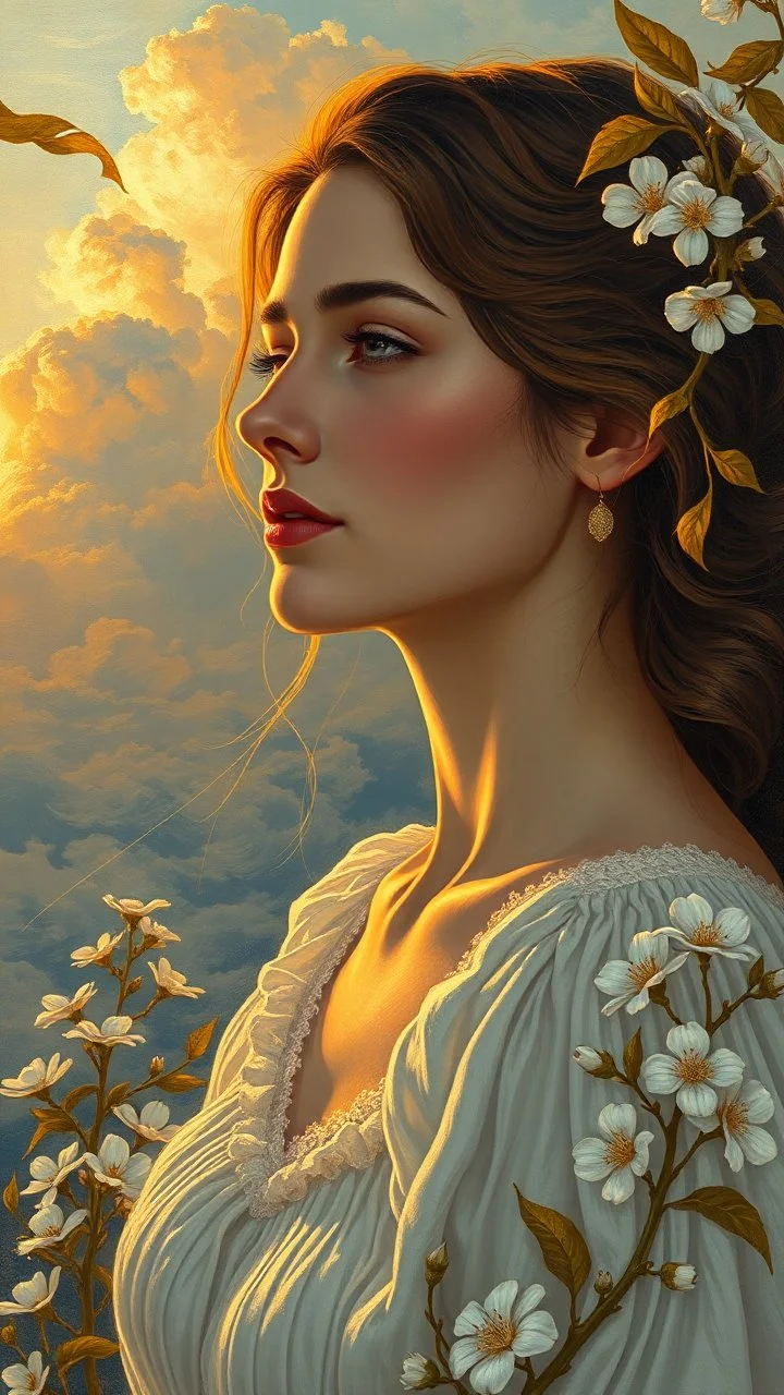 view of a very beautiful women at the golden hour with clouds at the sky with gold branch ,leaves and white flowers on the side ,oil paint style, Van Gogh painting style