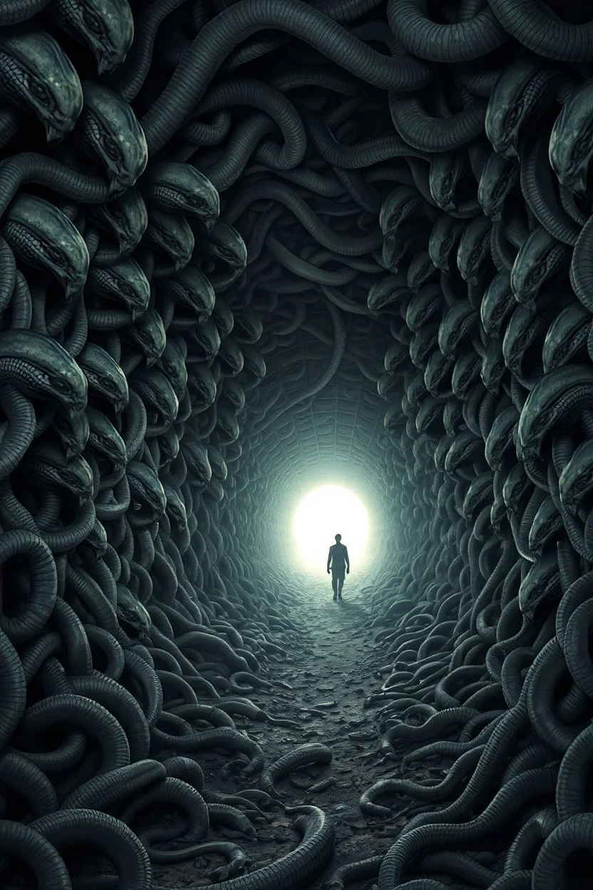 A surreal scene a tunnel-like structure filled with intertwined gray snakes heads , The tunnel is lined with countless writhing aliens bodies, creating a chaotic and nightmarish atmosphere. At the end of the tunnel, a solitary figure walks towards a distant light source, casting a glow that illuminates the scene. The overall color palette is muted with shades enhancing the ominous and unsettling mood. The level of detai