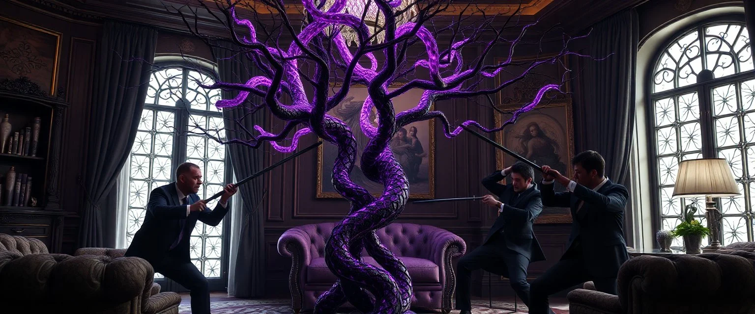Some well dressed goths fighting each other with sticks to contain energy from floating chtonian dark purplish glowing snakelike tree made by twisted snakelike sticks creating weird geometric form in dramatic scene in luxury parlour in the style of Giger and Escher