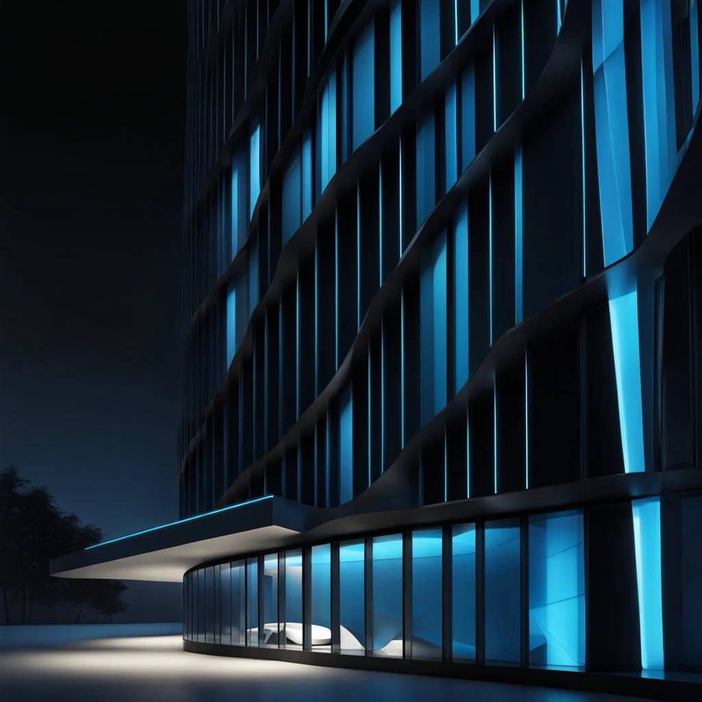 Edificio, estilo Zaha Hadid, ventanas de vidrio azul, Arte digital, calidad ultra, 8k, 3D