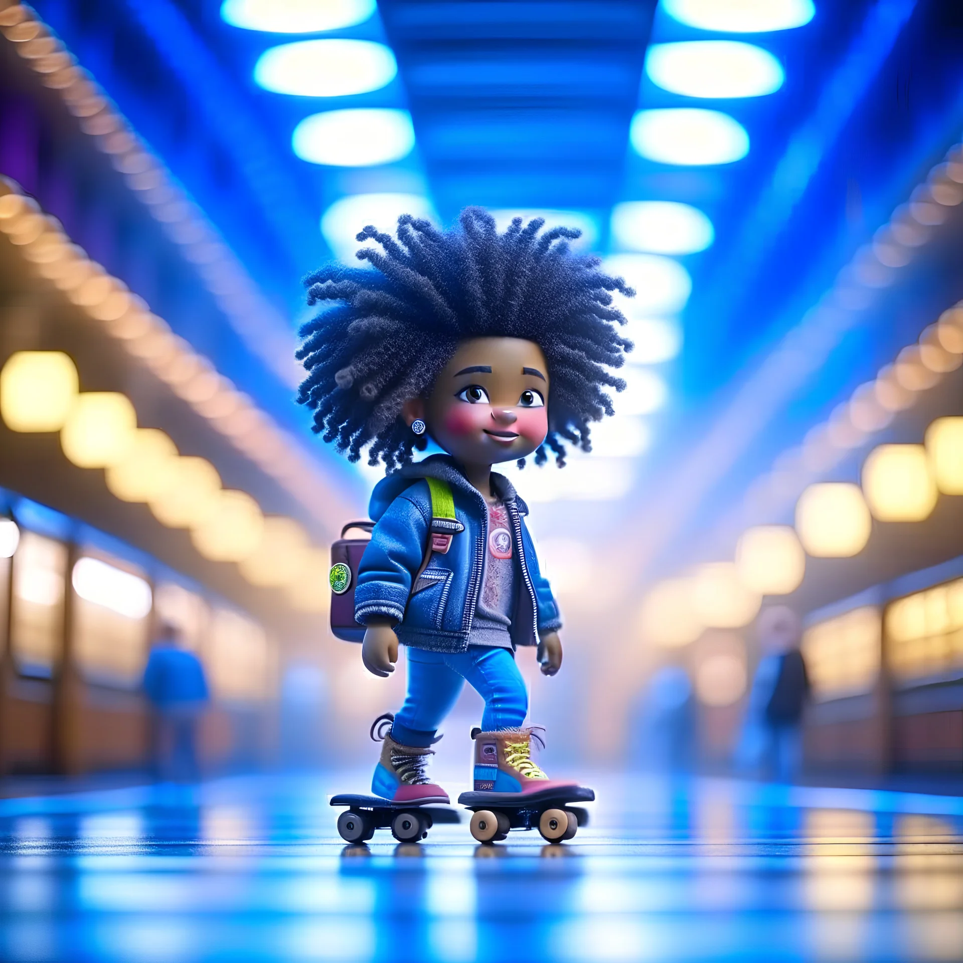 cute happy hairy chinese futuristic afro punk chat robot with skateboard photo shoot in big train hall, 8k, downlight, soft light, depth of field, photo realism, trending on art station, high detail, smoke and fog