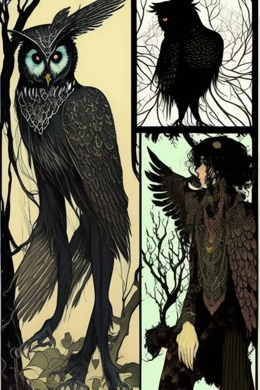 Black haired, owl-man, Skinny, warlock, with black wings, and owl legs, in the style of Harry Clarke