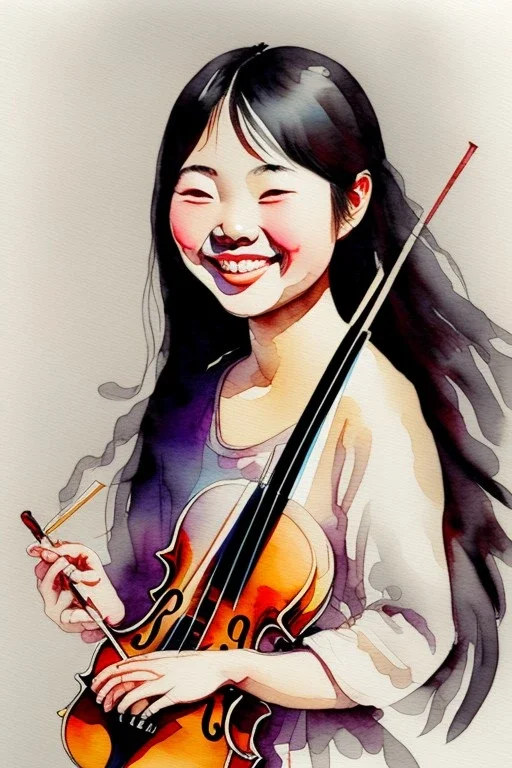 A cute smiling asian girl is holding a violin. Watercolour