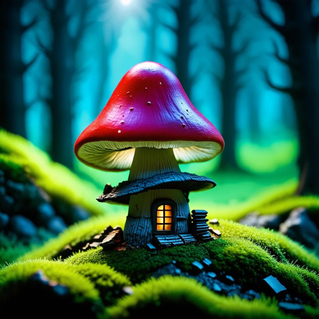 "Close up of a wonderful tiny Mushroom Tower home. Red and green with bright white, deep black and contrasting tones of gray magenta and violet colors. Illuminated bioluminescent forest. Professional painter, master at composition. small but detailed. broken, blurred background, voluminous lighting"