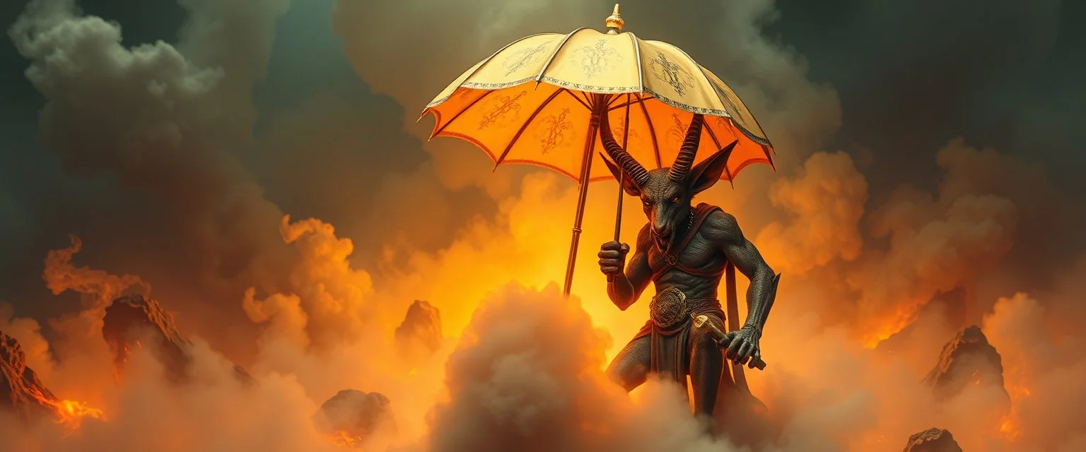 close up on smite by god from wonderland and the evil fox bull goat gremlin man holding a golden umbrella in a pool of smoke and lava in the style of Escher and Giger.