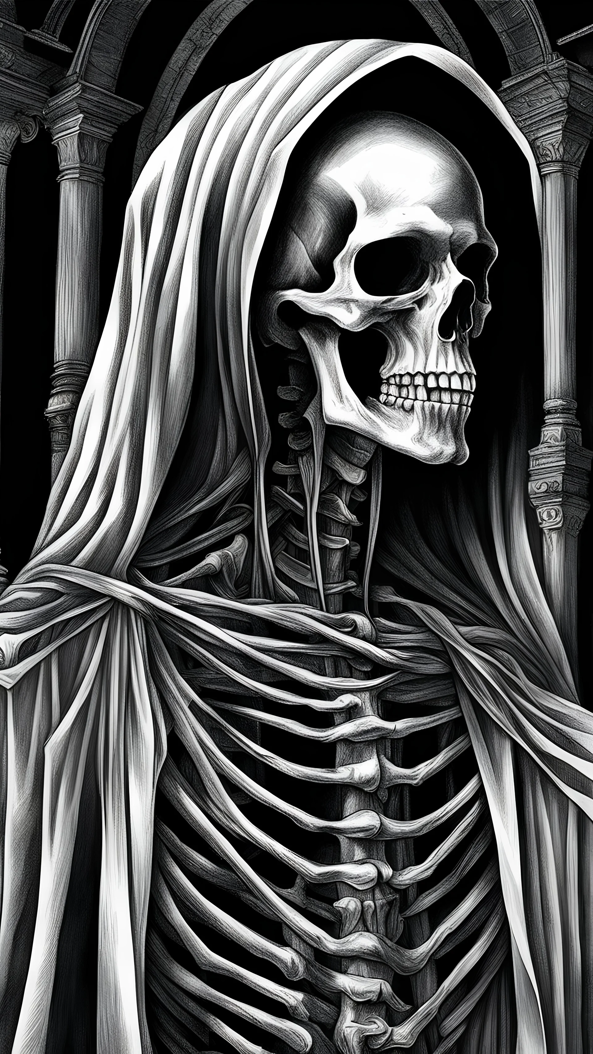 Skeleton on veil, black and white, sharp, 4k, pencil style, dark background