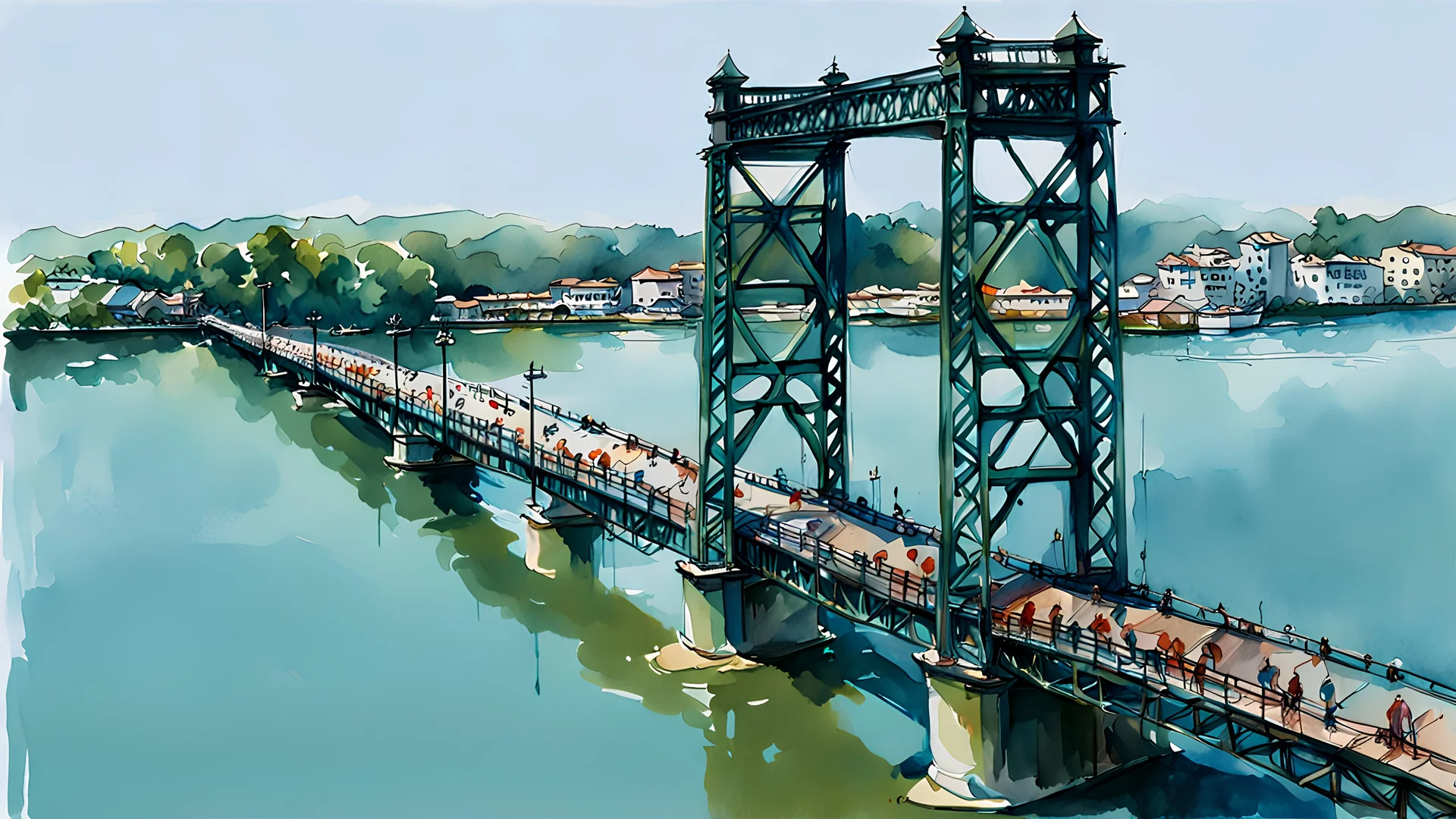 watercolor painting of thoppumpady bridge pen line sketch and watercolor painting ,Inspired by the works of Daniel F. Gerhartz, with a fine art aesthetic and a highly detailed, realistic style