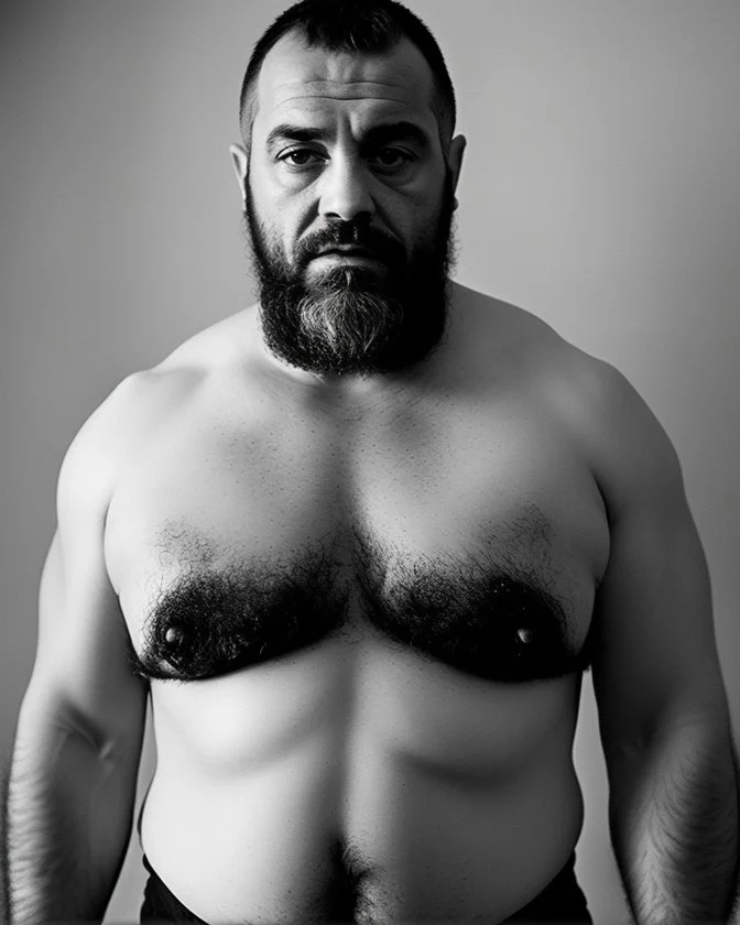 full figure shot photography of a burly chubby turkish prisoner , 50 years old , shirtless in white dirty boxer, long beard, long hair , in a dark prison, dirty, ugly, bullneck, muscular, crossed arms, manly chest, shirtless, bulge, misery and poverty, emotive eyes, photorealistic, ultradetailed, 32k, side view from below, dim light