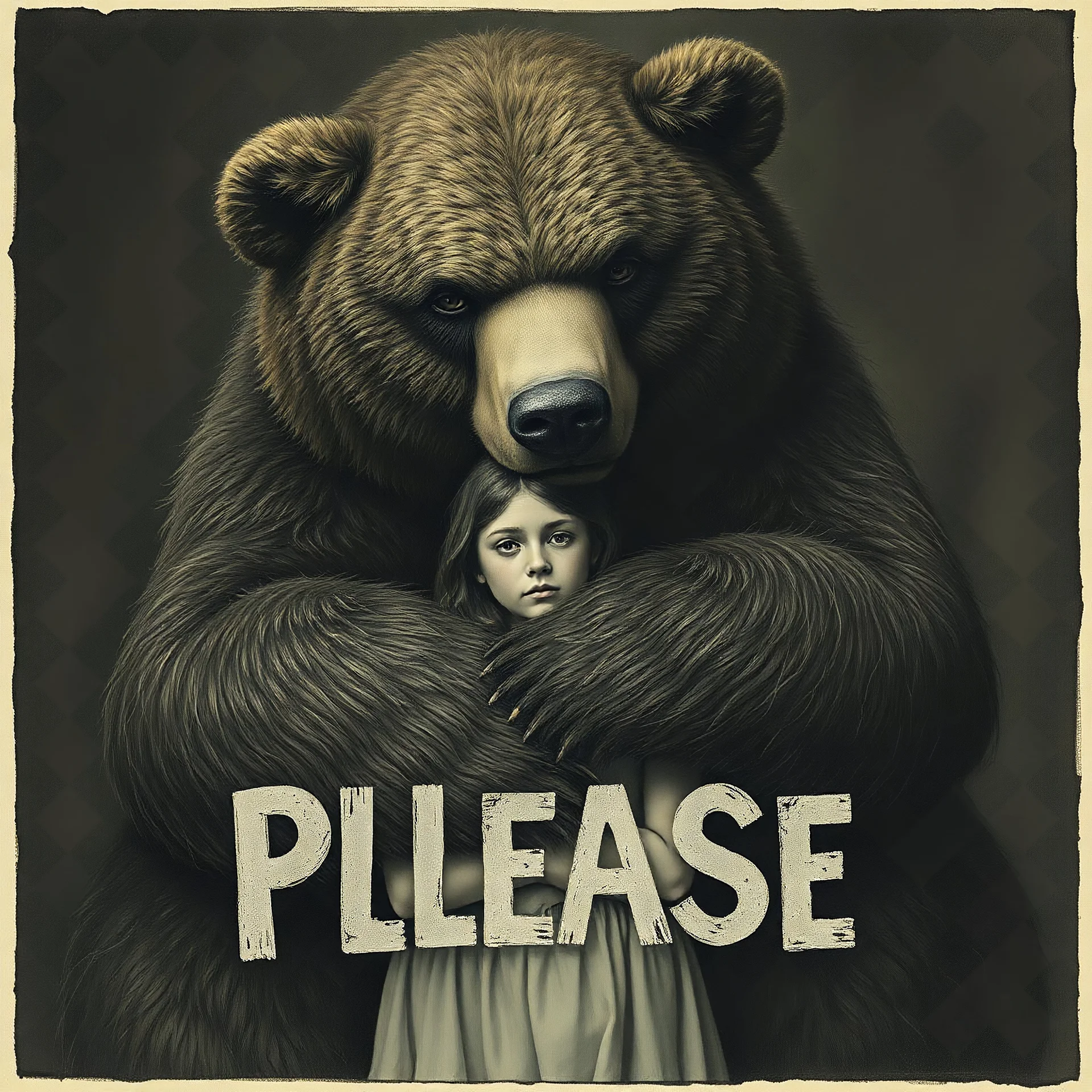 a giant bear hugging a young woman, sad, surreal, liminal atmosphere, with the word PLEASE