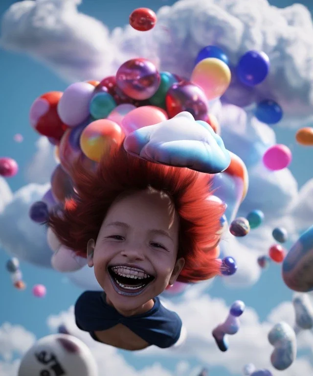 Ultra realistic speed clouds sky scene, wide angle view, child falling down with many Children background, inflatable monsters, circus dress style, feather color, free jumping flying, many trinkets, hair monster, many jelly beans, balls, color smoke, smile, happy, extreme, wind, clouds sea, 20,000 feet altitude, stratosphere, soft color, highly detailed, unreal engine 5, ray tracing, RTX, lumen lighting, ultra detail, volumetric lighting, 3d, finely drawn, high definition.