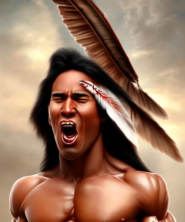 native american warrior, long black hair, big muscles, face up, mouth wide open, scream face, shirtless, looking to the sky