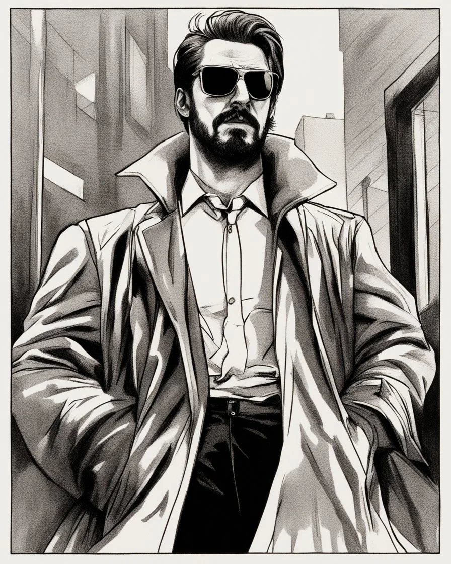 a young man who looks like hans gruber wearing a heavy coat and red sunglasses staring with an irritated look on his face