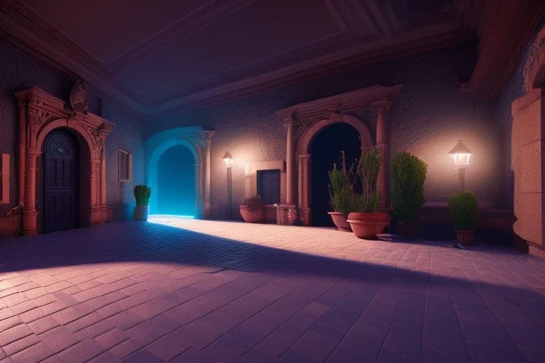 spanish courtyard , spanish floor tiling , night time , unity, scriptable render pipeline , lighting , volumetric , global illumination, fog ,blue emission , purple tone.