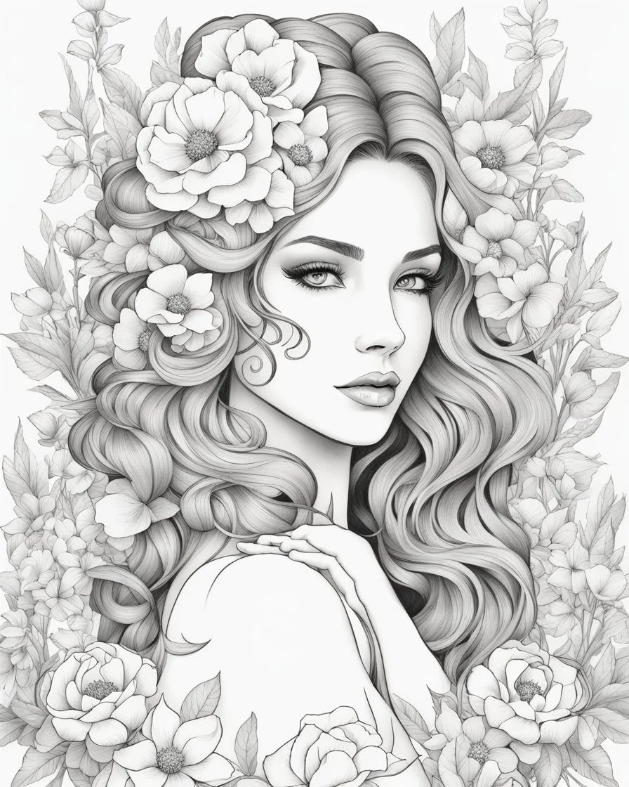 Line art: beautiful, mesmerized drawing skatche full body girl in her hair nice flowers and in a beautiful flowering dress :: flower tatoos, freedom of expression. " line art style